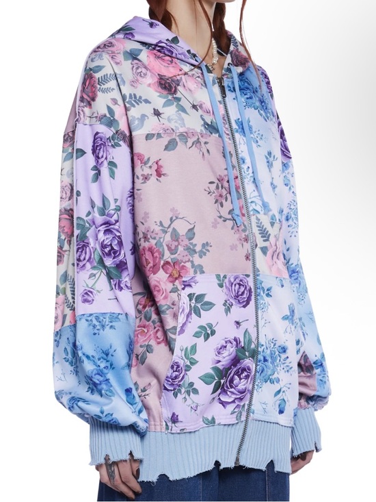 dELiA*s Pastel Patchwork Floral Shades Of Cool Zip Hoodie Pink Blue S NWOT - Picture 6 of 15